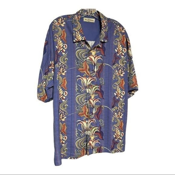 Vintage Tommy Bahama Men's Button Down Shirt Floral Blue Size Large Silk - Picture 1 of 3